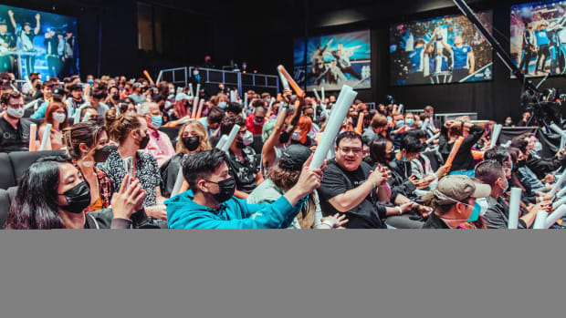 Los Angeles, CA: Audience cheer at the PLAYERS Premiere Watch Party at the LCS Arena on June 6, 2022 in Los Angeles, CA. (Photo by Colin Young-Wolff/Riot Games)
