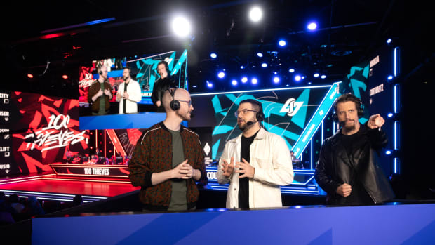 (L-R) Commentator Isaac "Azael" Cummings-Bentley, caster Jack "CouRage" Dunlop and commentator Clayton "CaptainFlowers" Raines speak during week 4 of the 2023 LCS Spring Split at the Riot Games Arena on February 16, 2023. (Photo by Robert Paul/Riot Games)