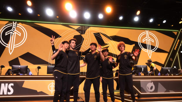 Golden Guardians pose onstage after competing during week 4 of the 2023 LCS Spring Split at the Riot Games Arena on February 16, 2023. (Photo by Robert Paul/Riot Games)