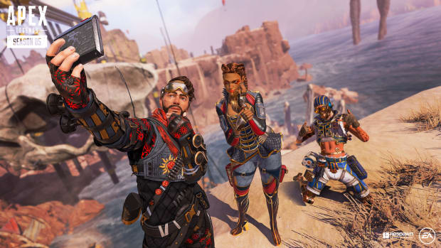 Mirage, Loba and Octane taking a photo in Apex Legends.