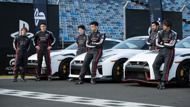 (l to r) Mariano Gonzales, Darren Barnet, Maximilian Mundt, Archie Madekwe, Harki Bhambra and Pepe Barroso Silva star in Columbia Pictures GRAN TURISMO. Photo by: Gordon Timpen