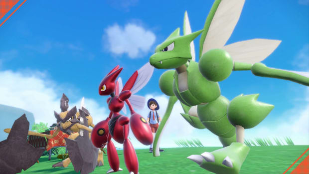 Screenshot from Pokemon Scarlet and Violet of a trainer standing near Scyther, Scizor, and Kleavor