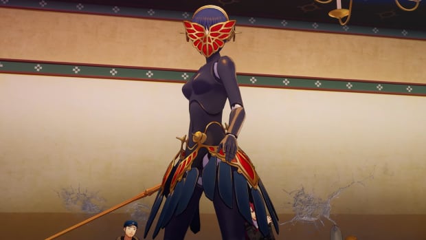 Persona 3's Metis, wearing a red butterfly mask and black suit, wielding a long lance
