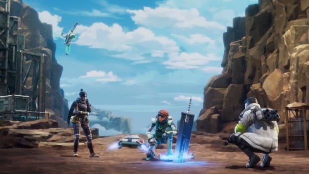 Wraith, Horizon and Crypto investigating Cloud's buster sword for the Apex Legends x Final Fantasy VII Rebirth cross over event.