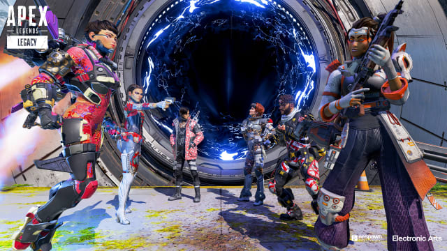 Six Apex Legends stand in front of a Phase Driver; (Left to Right) Valkyrie, Loba, Crypto, Horizon, Mirage and Rampart.