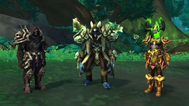 The Class Armor sets for (left to right) Death Knight, Shaman and Demon Hunter obtained in Amidrassil, the Dream's Hope raid in World of Warcraft: Dragonflight Patch 10.2.