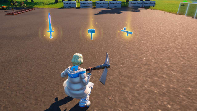 A screenshot of the upcoming Tier 5 weapons in LEGO Fortnite including the Rift Sword, Rift Hammer, and Darkwood Crossbow.