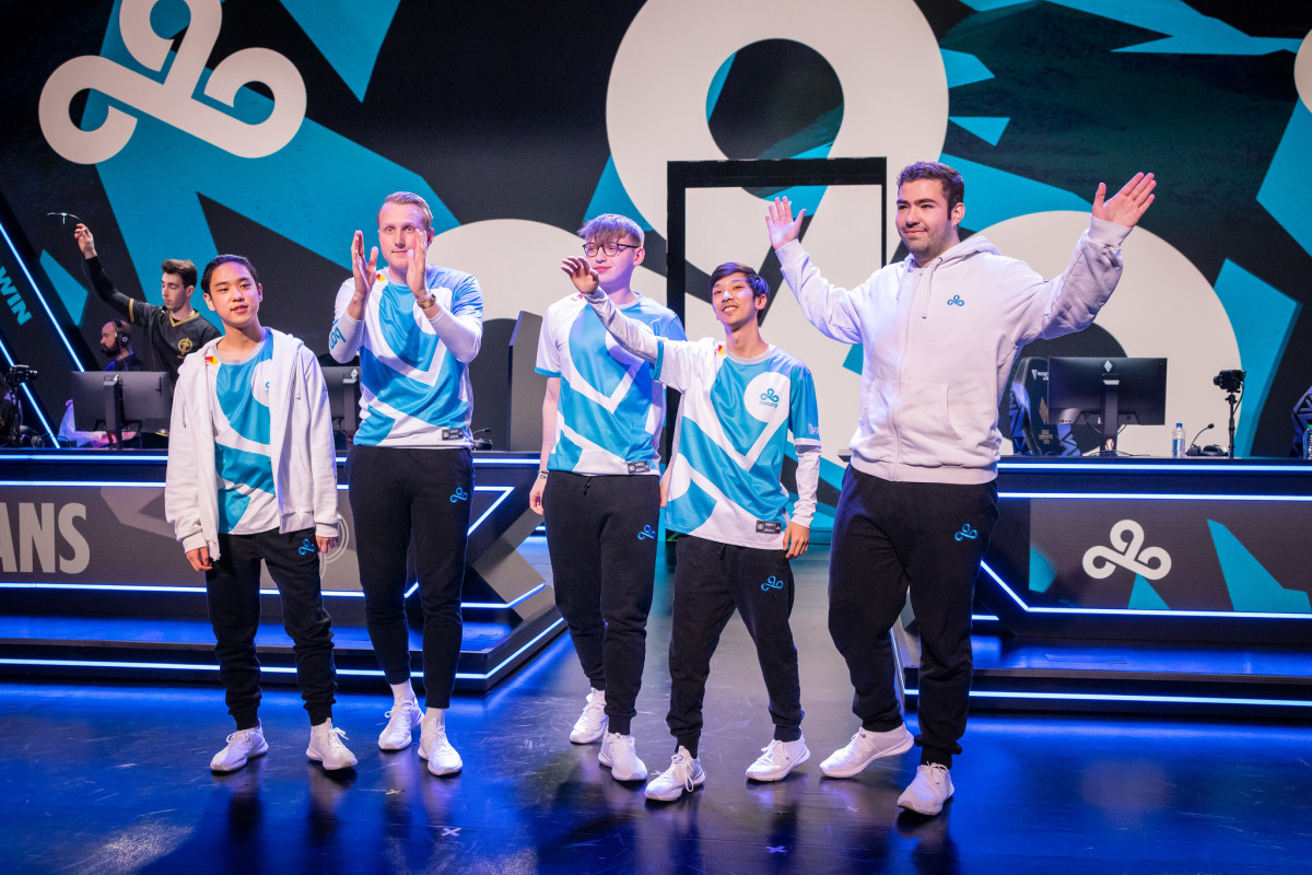 Cloud9 celebrates their victory on day two of the 2023 LCS Spring Split at Riot Games Arena. Photo by Colin Young-Wolff/Riot Games