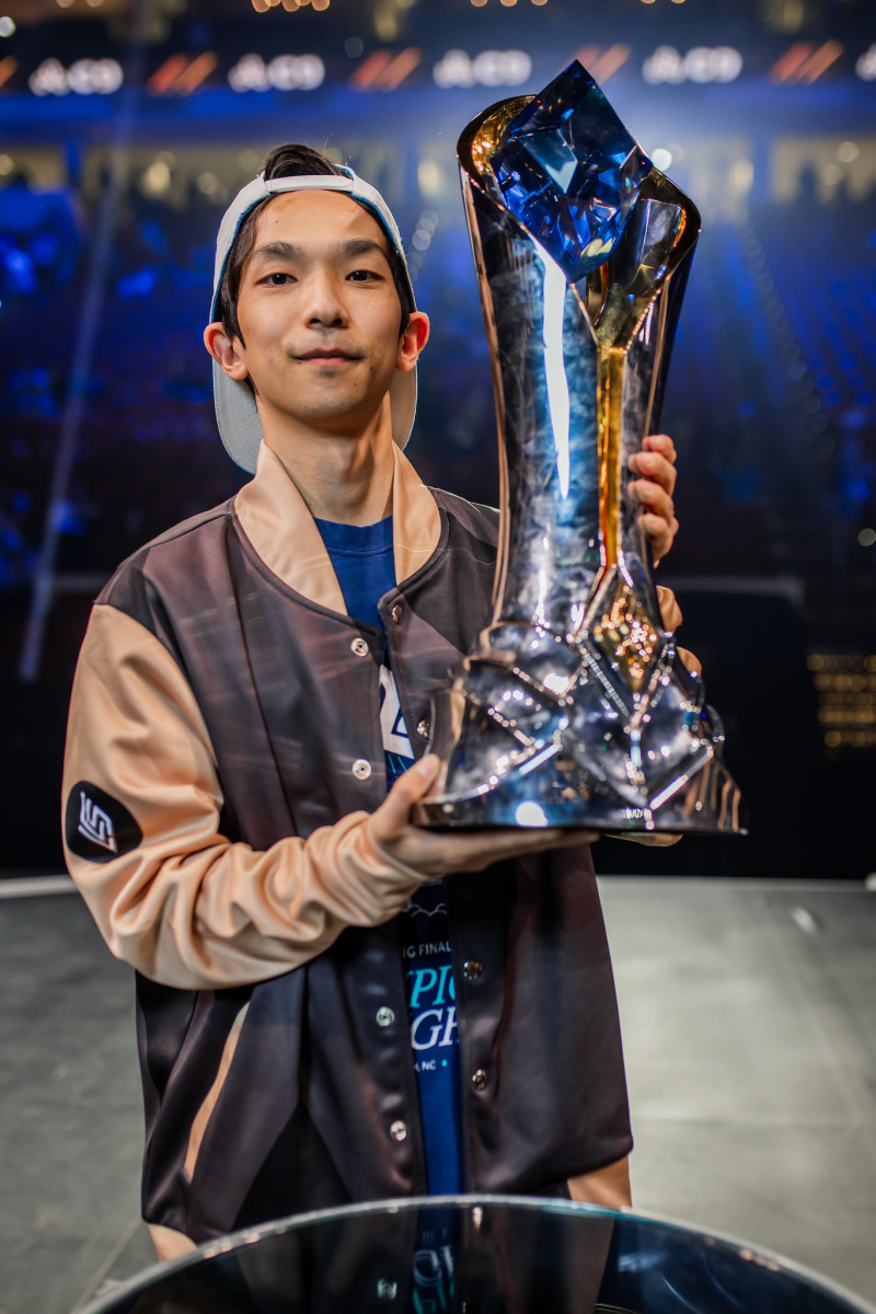 Robert “Blaber” Huang of Cloud9 poses with trophy in hand after victory against Golden Guardians at the 2023 LCS Spring Finals at the PNC Arena on April 9, 2023. (Photo by Marv Watson/Riot Games)