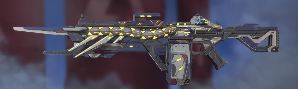 The energy light machine gun from Apex Legends, the Devotion with the legendary reactive skin "Dragon's Spine."