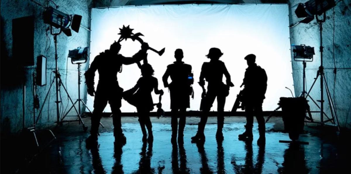 Silhouettes of the Borderlands movie characters (left to right) Krieg, Tiny Tina, Dr. Tannis, Lilith, Roland and Claptrap.