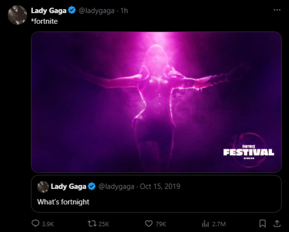 Lady Gaga corrects her infamous "What's fortnight" tweet from 2019.