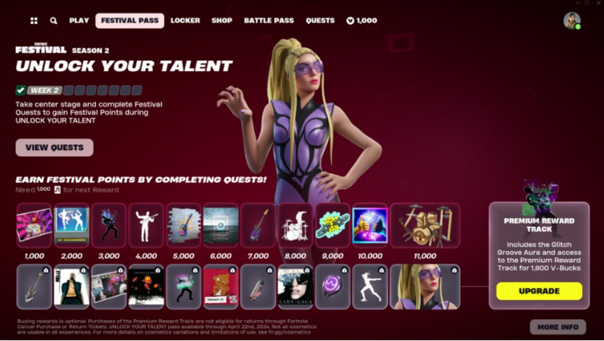 The Unlock Your Talent Festival Pass reward track in Fortnite, featuring Lady Gaga.