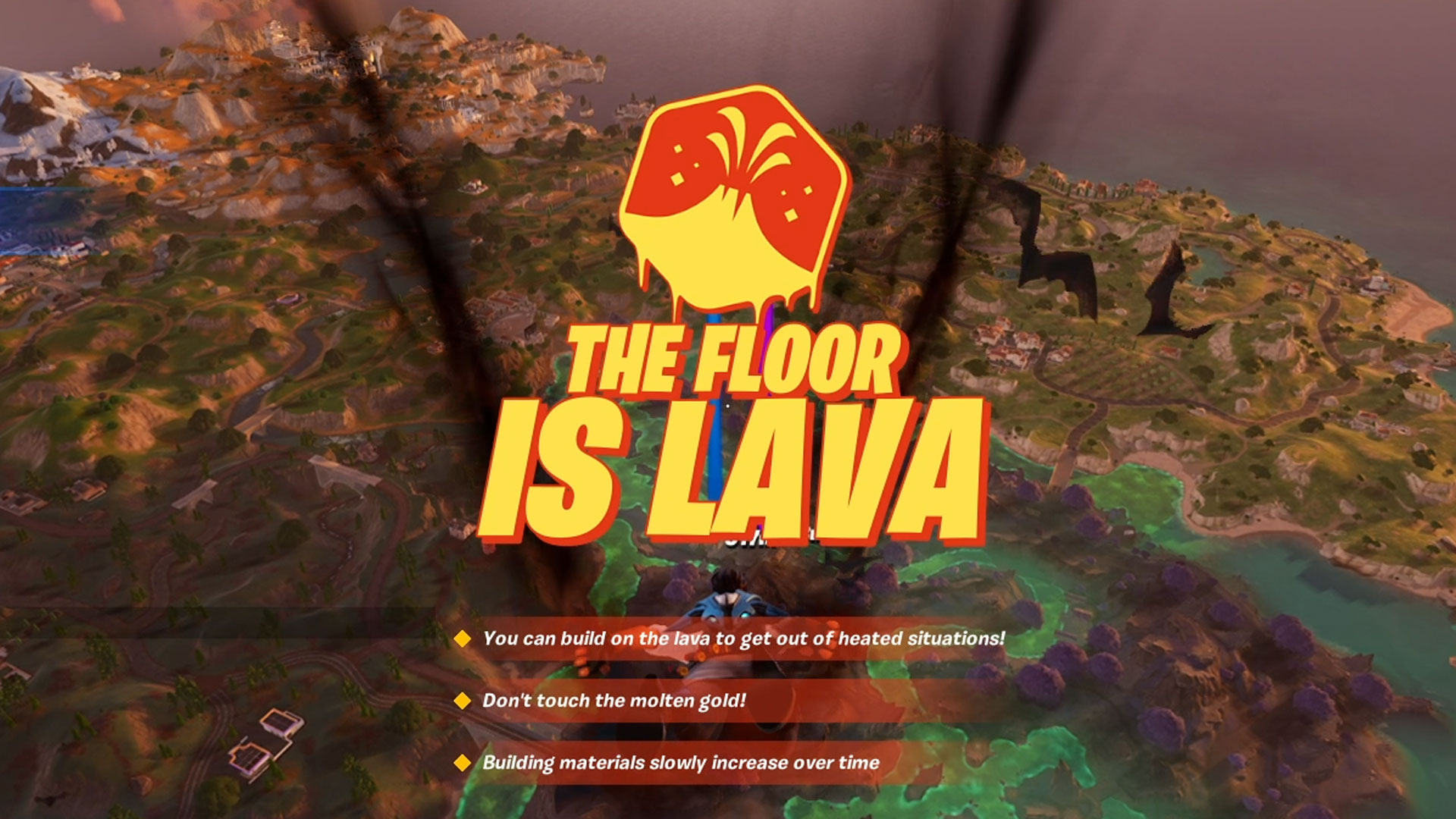 The Floor is Lava text as a player drops in Fortnite