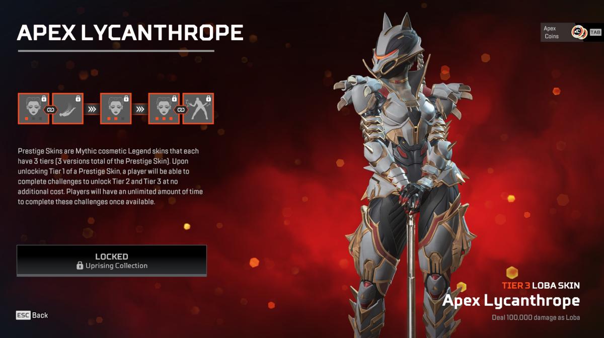 The final tier of Loba's Prestige Skin, Apex Lycanthrope, from the Uprising Collection Event in Apex Legends.