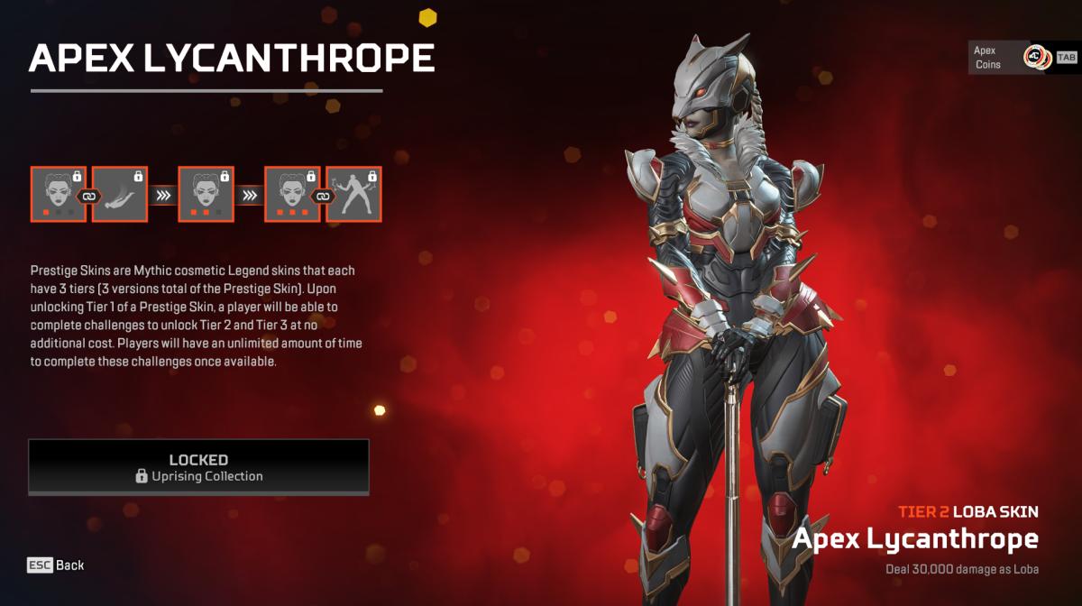 The second tier of Loba's Prestige Skin, Apex Lycanthrope, from the Uprising Collection Event in Apex Legends.