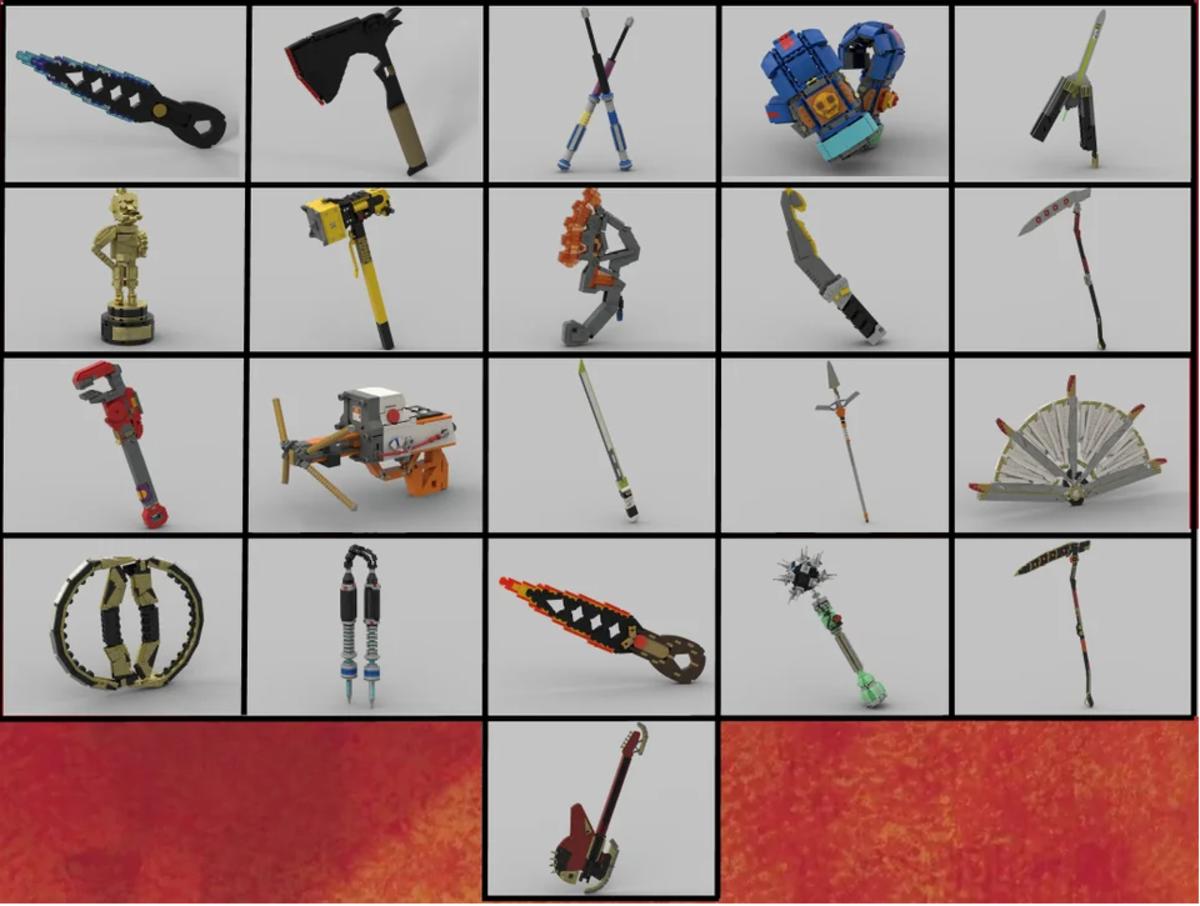 A collection of Apex Legends heirlooms created as LEGO sets using an online builder tool.