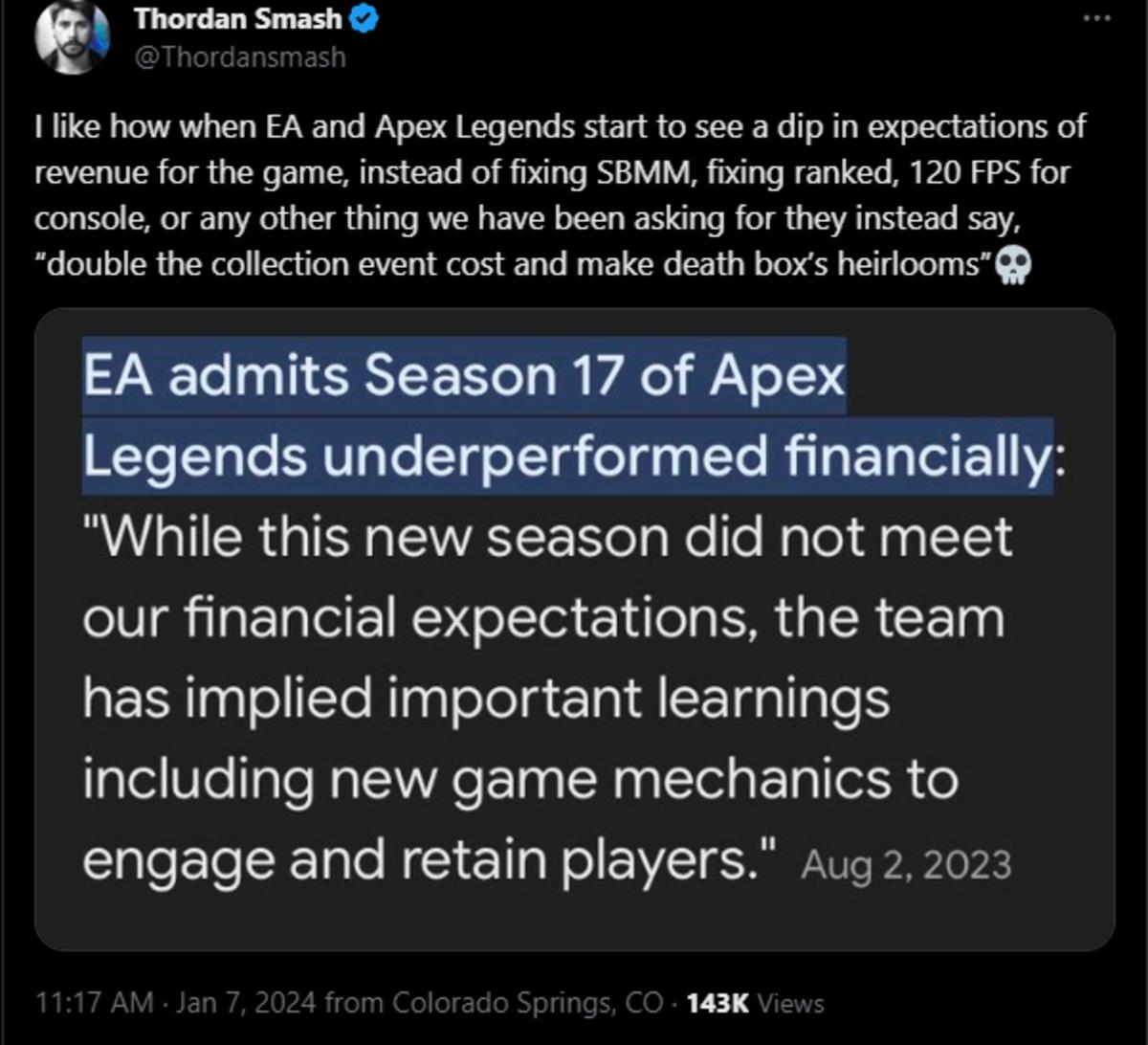 Thordan Smash's response to the pricing of the Apex Legends x Final Fantasy 7 crossover event.