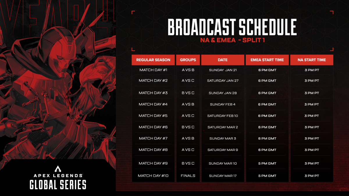 The broadcast schedule for the North American and EMEA regions for the ALGS Pro League.