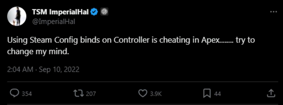 TSM ImperialHal complains that Controller Configs on Steam is cheating back in 2022.